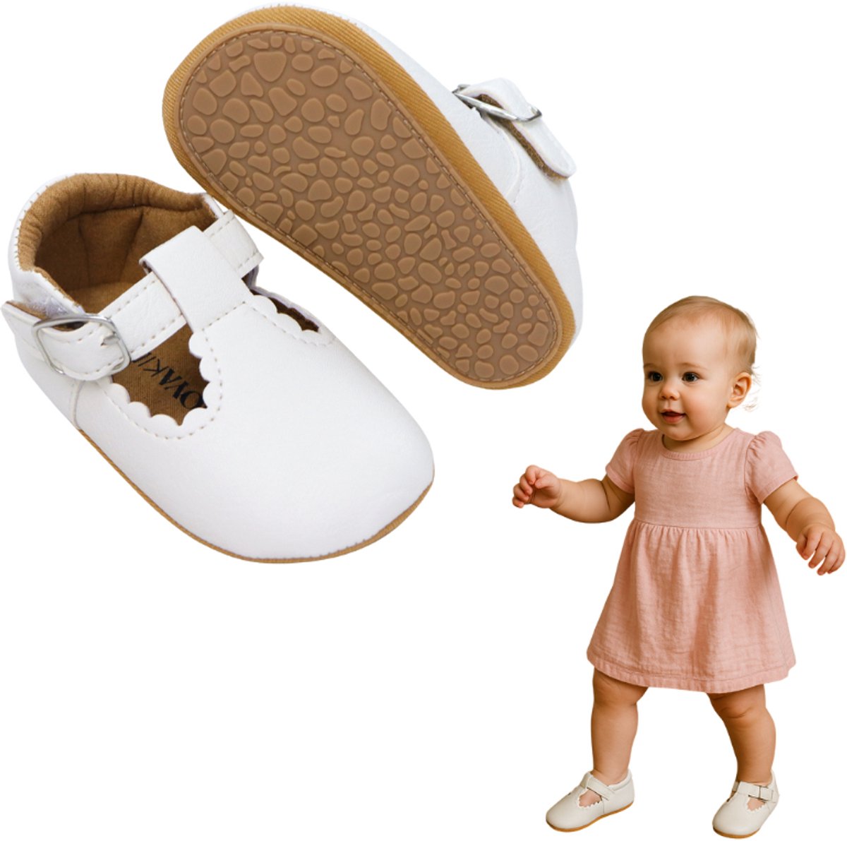 Joya Kids® Baby Schoentjes Wit Meisje | Witte Kinderschoenen met Rubberen Zool | Zomer en Winter Schoentjes Meisjes | Eerste Stapjes | Anti-Slip Zool | Imitatieleer | Voor Baby's van 6 tot 18 maanden | Maat 11 | 6-9 Maanden Oud