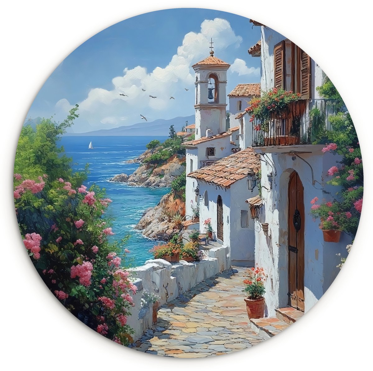 WallCircle Wandcirkel 60x60 cm - Muurcirkel Huizen - Zee - Bomen - Bloemen - Muurdecoratie woonkamer - Wanddecoratie slaapkamer - Kamer decoratie accessoires - Ronde schilderijen Huizen - Zee - Bloemen