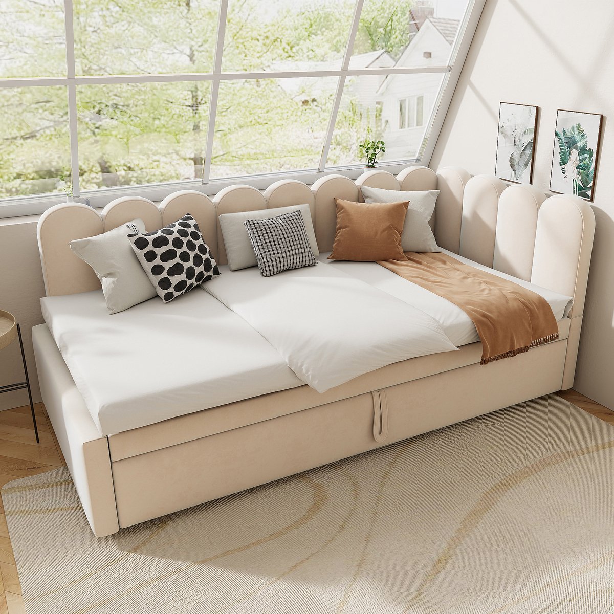 Gutent Slaapbank - 2-in-1 multifunctioneel - L-vorm (90/180 x 200 cm) - Fluweel - Beige - Ruimtebesparend ontwerp - Geen matras