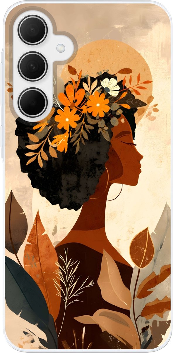 Telefoonhoesje Geschikt voor Samsung Galaxy A36 hoesje - Vrouw - Krullen - Bloemen - Beige - Siliconen Telefoonhoesje Telefoonhoesje