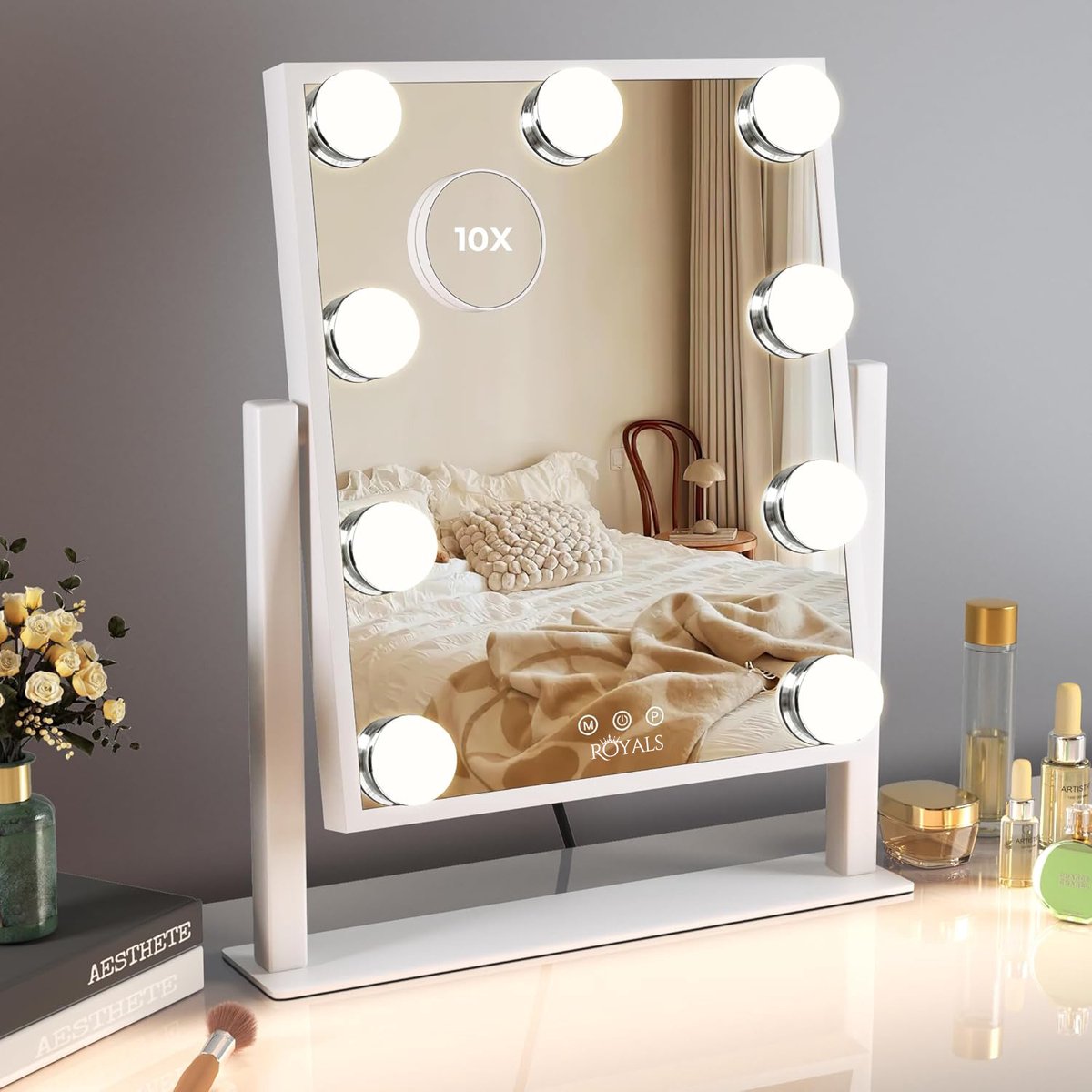 Royals Hollywood Spiegel 37x30CM - 9x Led Lampen - 10x Vergroting - 3 lichtstanden - Dimbaar - Smart Touch - hollywood spiegel met verlichting - Spiegel met verlichting - Make Up Spiegel - Visagie spiegel