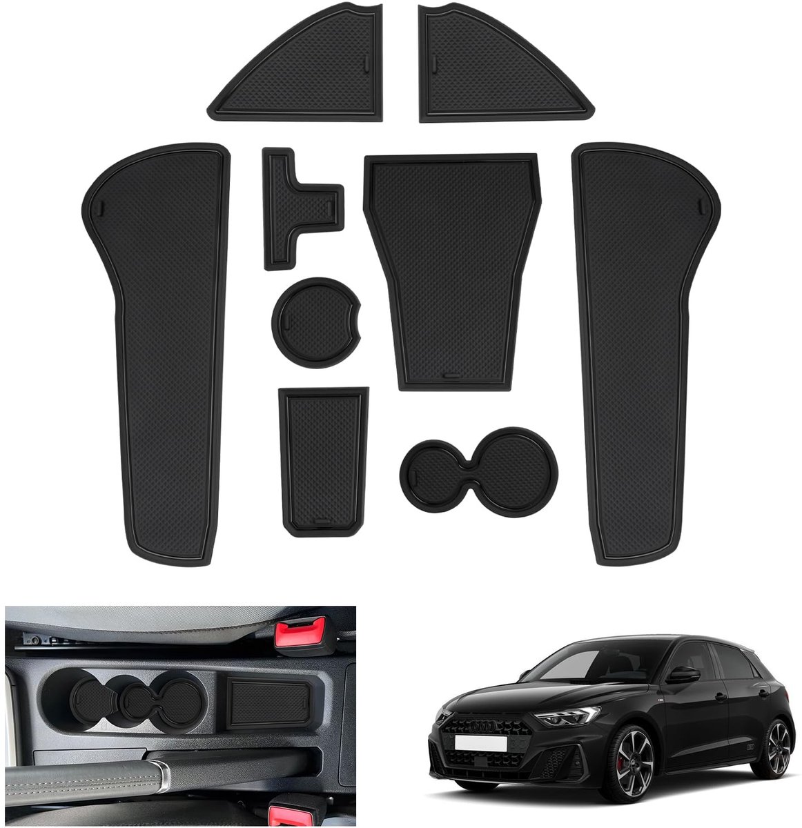 Rubberen Antislipmatten Set - Voor Middenconsole, Bekerhouders en Deurvakken - Compatibel met Audi A1 GB Sportback 2019-2025 2026 - Zwart