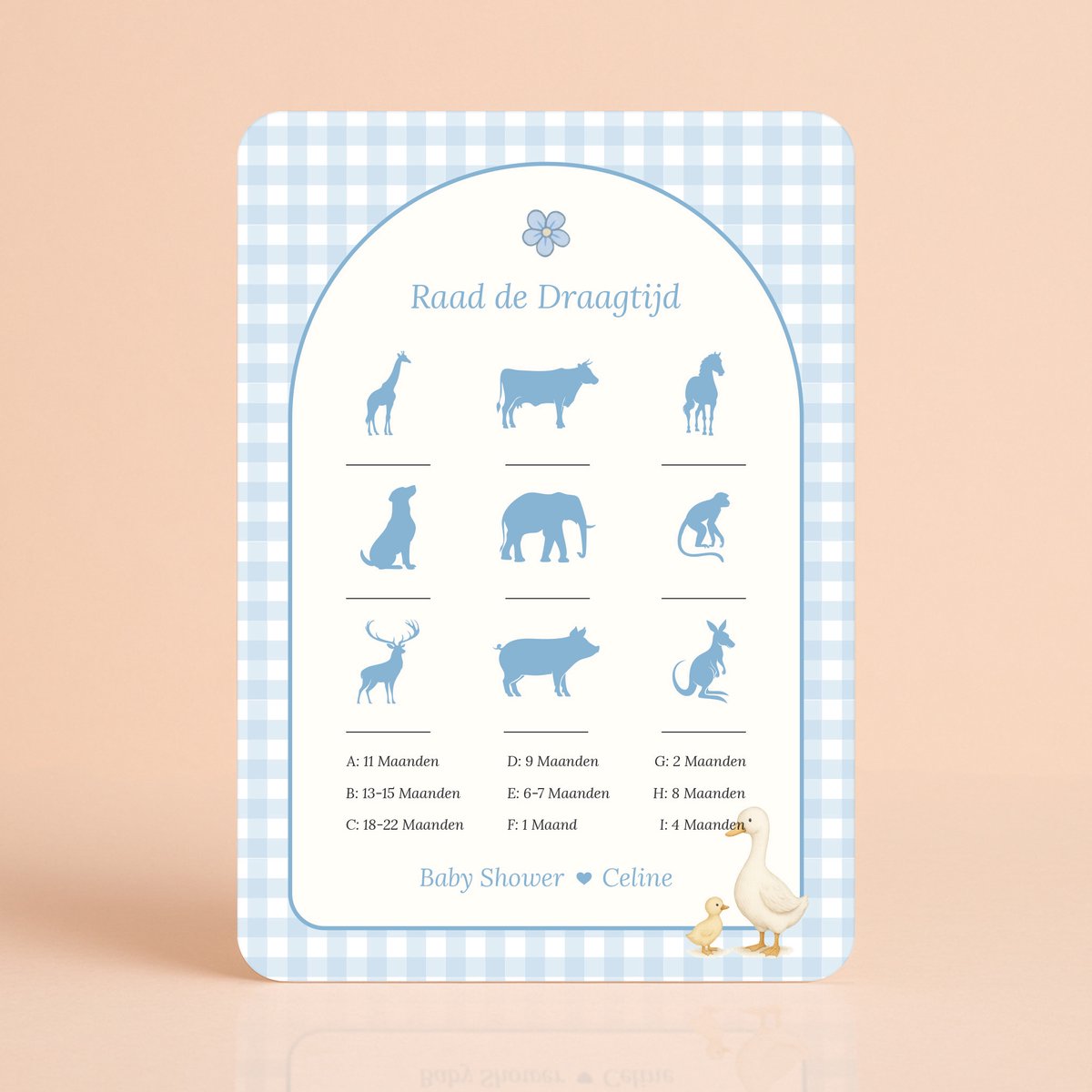 Gepersonaliseerde Babyshower invulkaarten - Raad de Draagtijd - Gingham Blauw met Gansje - 20 Stuks - Babyshower Cadeau