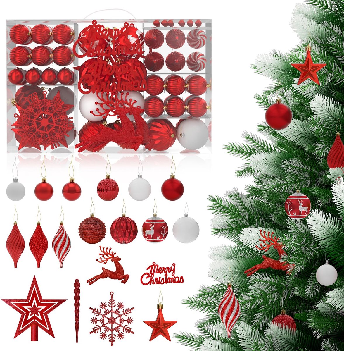 Aufun 108-delige set premium kerstballen van kunststof met boomtopper, kerstboomballen, ster, veilige kerstboomdecoratieset met ophanging, kerstboomballen, herbruikbare kerstboomdecoratie (Rood)