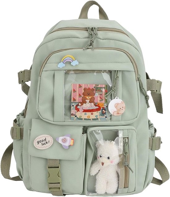 Schooltas - Rugtas - Tas - Rugtas Meisje - Schoolrugzak - Stijlvolle Kawaii Rugzak met Pin en Hanger - Grote Capaciteit Kinderen Premium Rugzak - met Zijvak en Voorvak met Ritssluiting - Groen