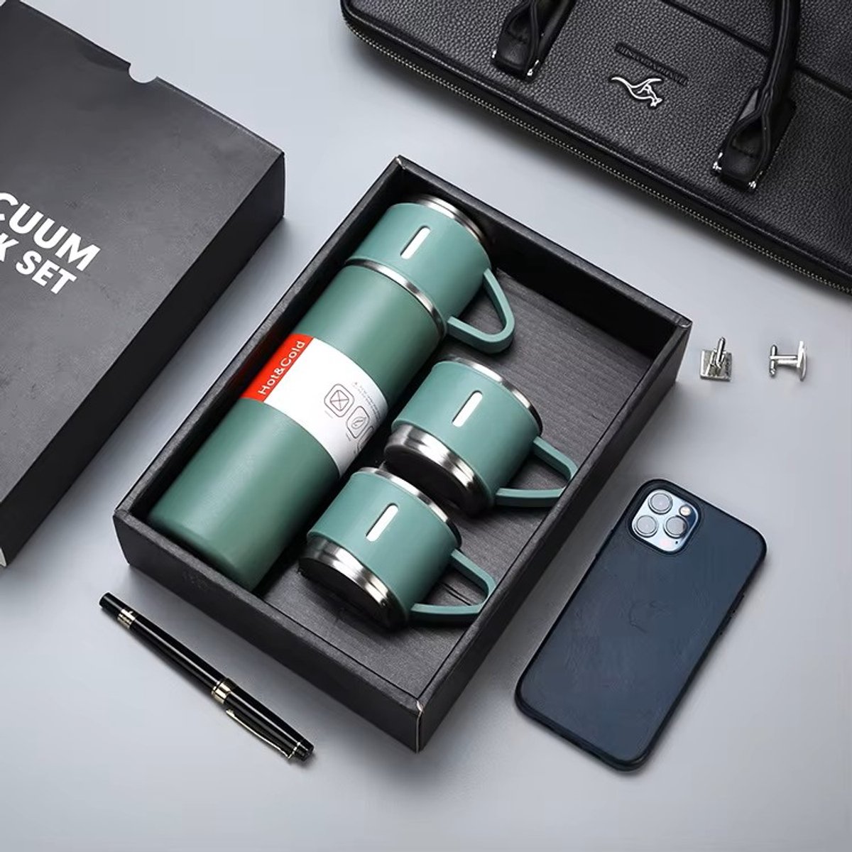 Thermosfles set 3-delig - RVS - Duurzaam, Lekvrij, en Leuk om Cadeau te Doen – Groen
