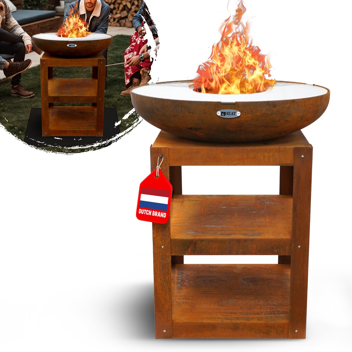Heat Outdoor Living Bakka - Plancha BBQ Vuurschaal - Multifunctionele Buitenbarbecue met Houtopslag - Ideale Vuurkorf voor Buitenkoken met Vrienden en Familie - 80x80x96 cm