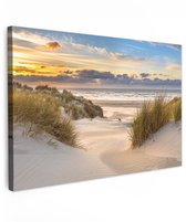 Tuinschilderij voor buiten 60x40 cm - Tuindecoratie Strand - Duin - Gras - Zonsondergang - Zee - Tuinposter op canvas - Tuin muurdecoratie - Buitenschilderij decoratie - Schutting wanddecoratie - Buitencanvas