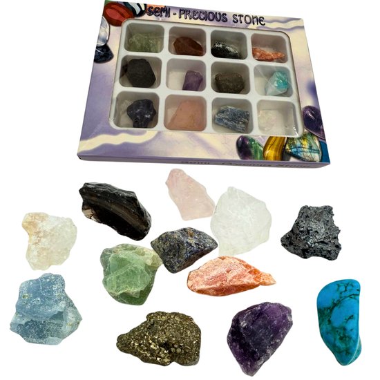 Cristaux et pierres précieuses brutes dans une boîte - Mix de 12 - Coffret cadeau - Pierres brutes et cristaux 20-30 mm
