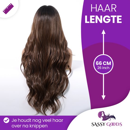 Achterkant van een lange, golvende, donkerbruine pruik van 66 cm (26 inch).