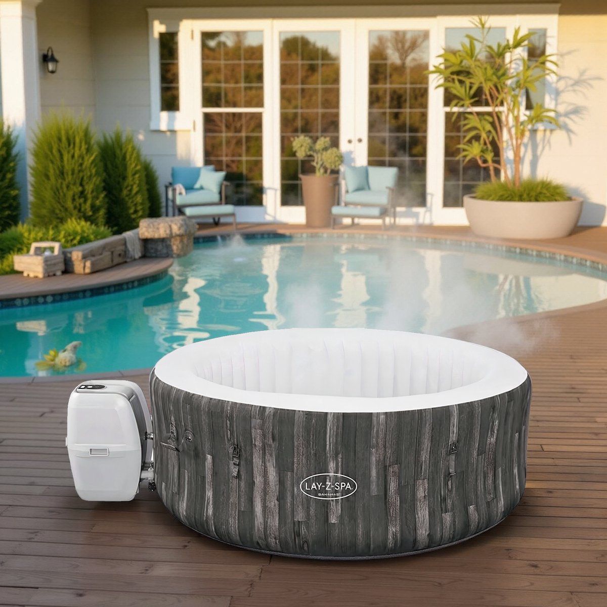 Luxe Opblaasbare Jacuzzi | Rond Bubbelbad voor 4 Personen | 669 Liter | 120 AirJet Massage Stralen | Inclusief Afdekking | Ø 188 cm x 66 cm | Verwarming tot 40°C | Spa voor Binnen & Buiten homtotry