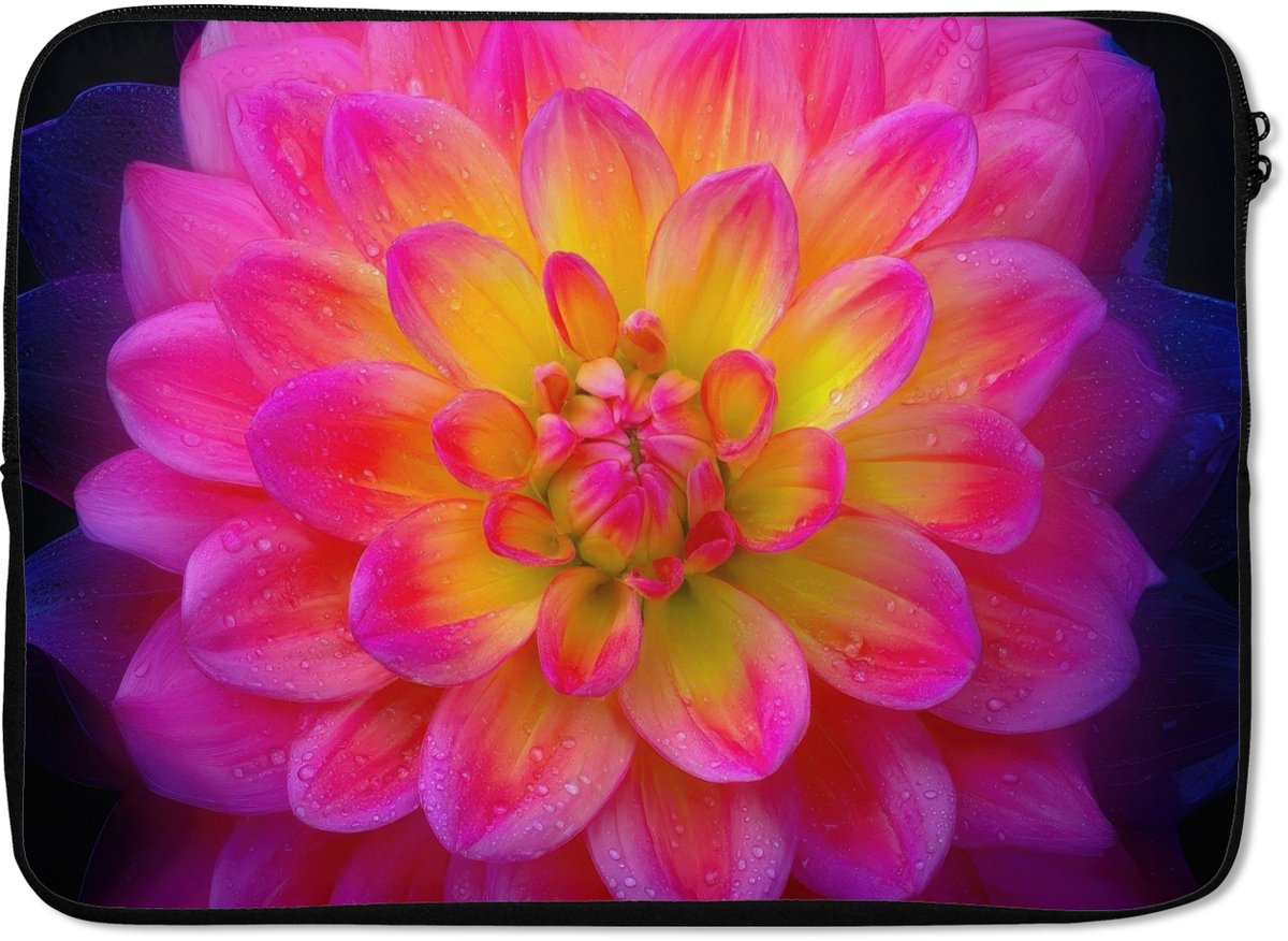 Laptophoes 13 inch - Roze - Dahlia - Kleurrijk - Laptop sleeve - Binnenmaat 32x22,5 cm - Zwarte achterkant