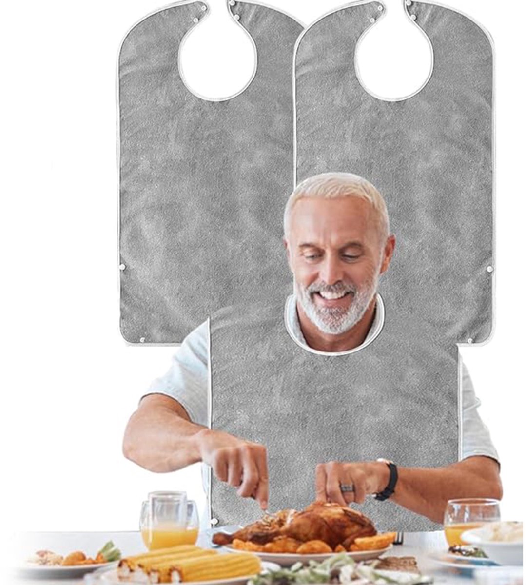 Image of 2 Stuks - Slabbetjes voor Senioren - 78×45 cm - Slab Voor Volwassenen - Wasbare - Wasbare Slabbetjes - Met Zak - Geschikt voor Ouderen, Volwassenen, Patiënten en Gehandicapten - Geschikt voor Dineren, Koken of Andere Activiteiten - Grijs