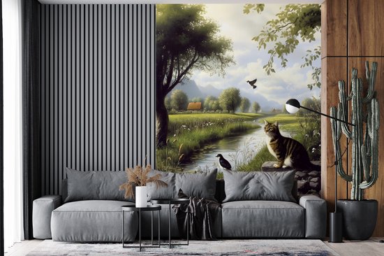 Behang - Fotobehang Kat - Beekje - Weide - Breedte 190 cm x hoogte 260 cm