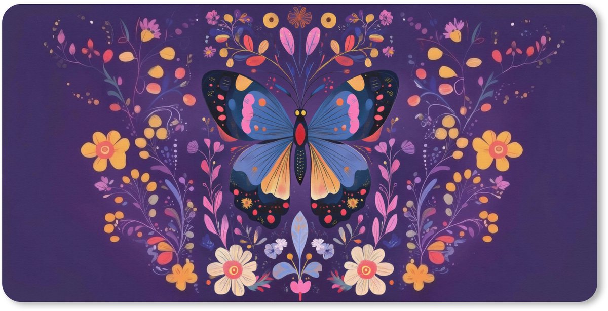 Muismat XXL 100x50 cm - Bureau onderlegger - Bureau mat Sierlijk - Bloemen - Vlinder - Paars - Bureaumat - Gaming mousepad xl - Bureaulegger groot - Computer deskmat