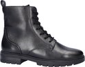 Zwarte leren veterboot, gezien vanaf de zijkant. Met vetersluiting en een rits.