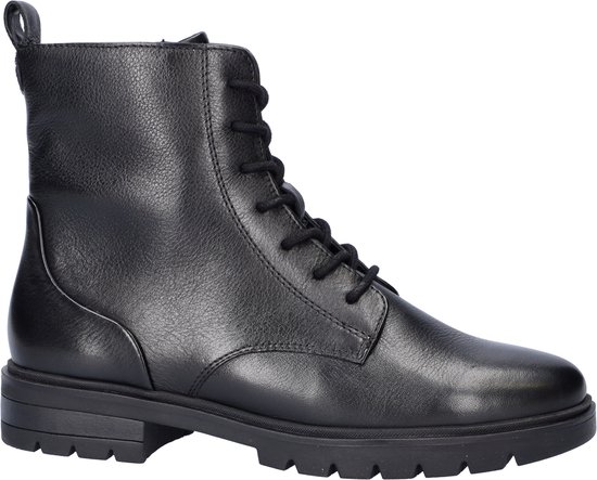 Zwarte leren veterboot, gezien vanaf de zijkant. Met vetersluiting en een rits.