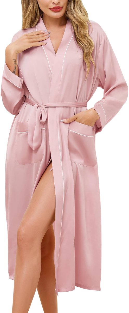 Dames Lange Satijnen Kimono Ochtendjas met V-hals - Voor Bruiden en Nachtkleding - Lichtroze Maat S