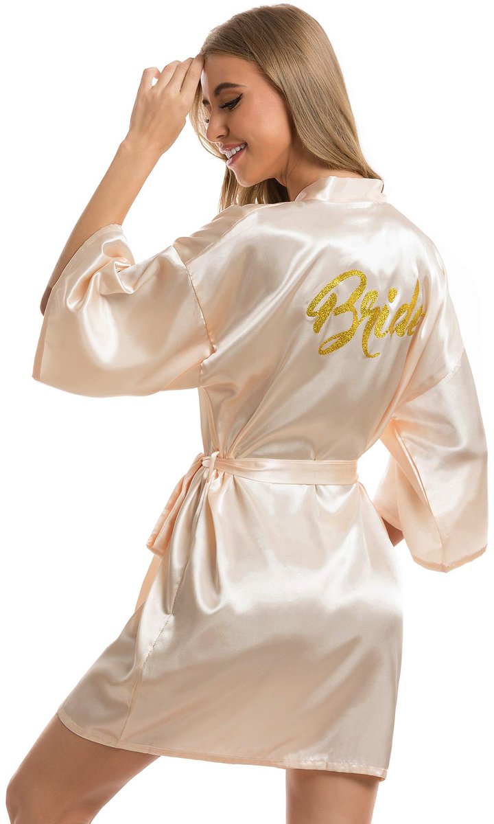Satijnen Dames Kimono Robe - Met V-hals en Ceintuur - Voor de bruid - Champagner, Maat XXL