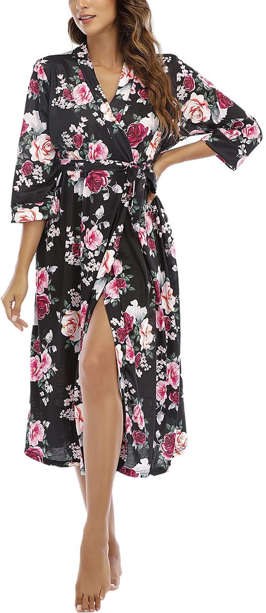 Dames Kimono Morgenjas - Lichtgewicht - Met 3/4 Mouwen en V-hals - Voor Nachtkleding - Maat L