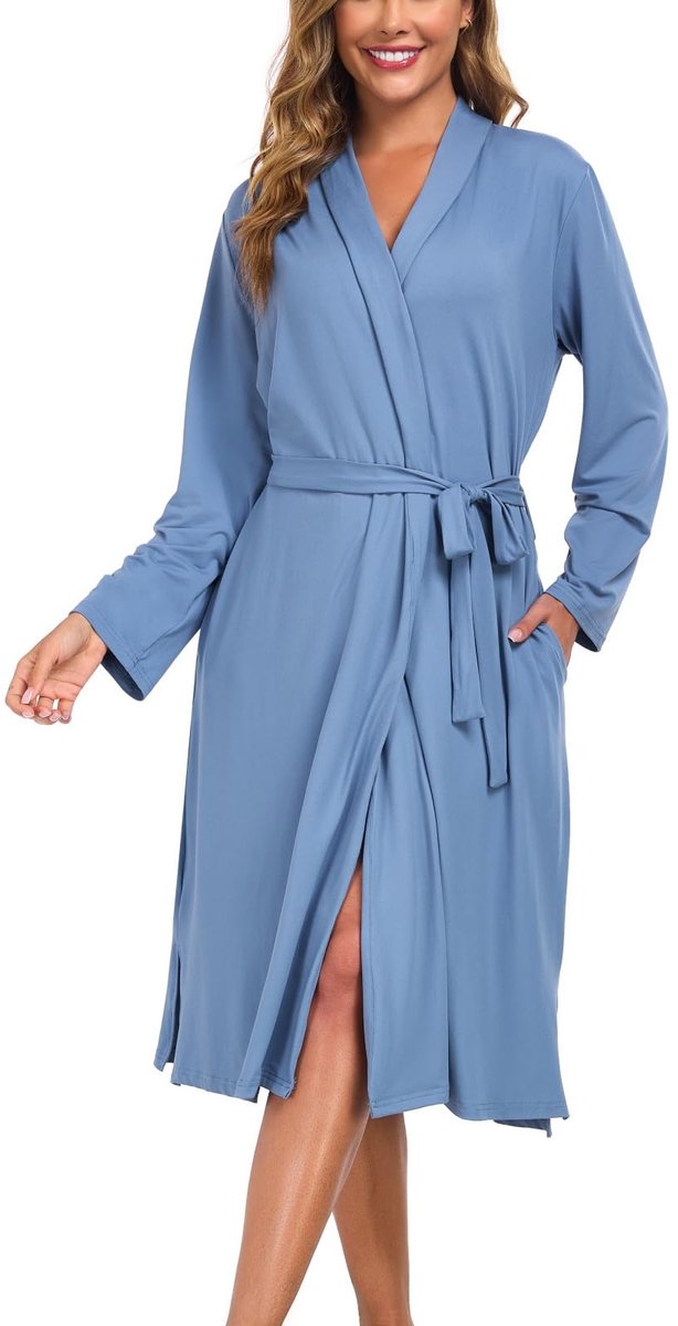 Lange Dames Badjas - Lichtgewicht en Zacht Kimono - Met V-hals, Lange Mouwen en Zakken - Voor Sauna, Spa, Reizen en Loungewear