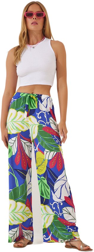 Happinessistanbul Geel-Marineblauwe Zomerbroek Van Viscose Met Hoge Taille Bh00354