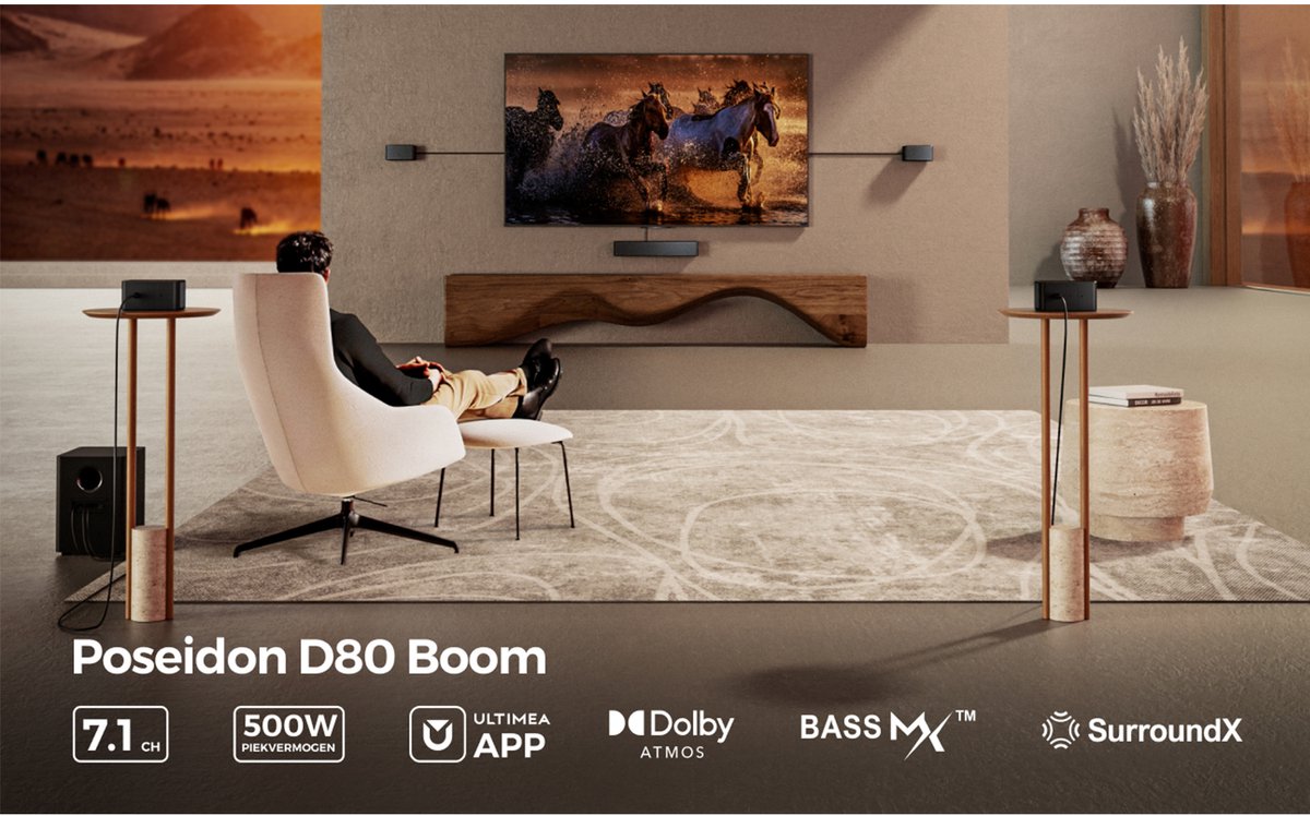 Afbeelding 2 van ULTIMEA Poseidon D80 Boom 7.1 Dolby Atmos soundbar met draadloze subwoofer en 4 surround speakers