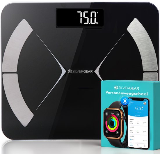 Silvergear Weegschaal met Lichaamsanalyse 14x - Bluetooth - Gehard Glas - Slimme Personenweegschaal - met App - Zwart