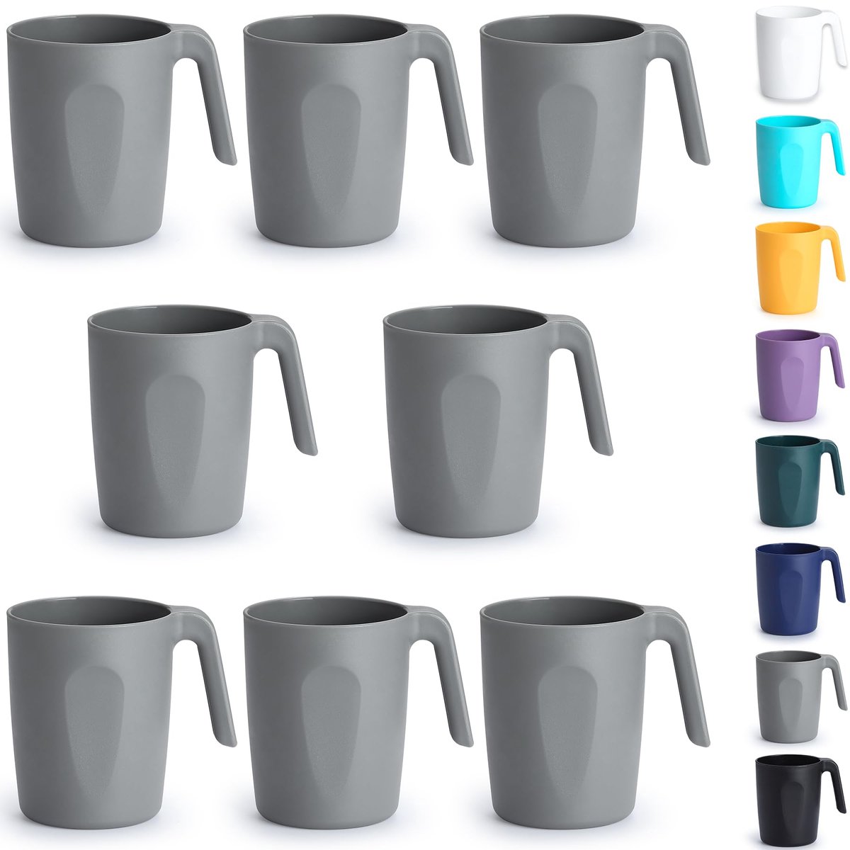 Kunststof Koffie- en Waterbekers Set - Herbruikbaar met Handvatten - Lichtgewicht voor Thuis, Tuin, Picknick, Camping en Outdoor - Grijs - Set van 8 - 450 ml