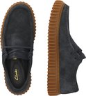 Blauwe suède schoenen, boven- en zijaanzicht, met bruine plateauzolen.
