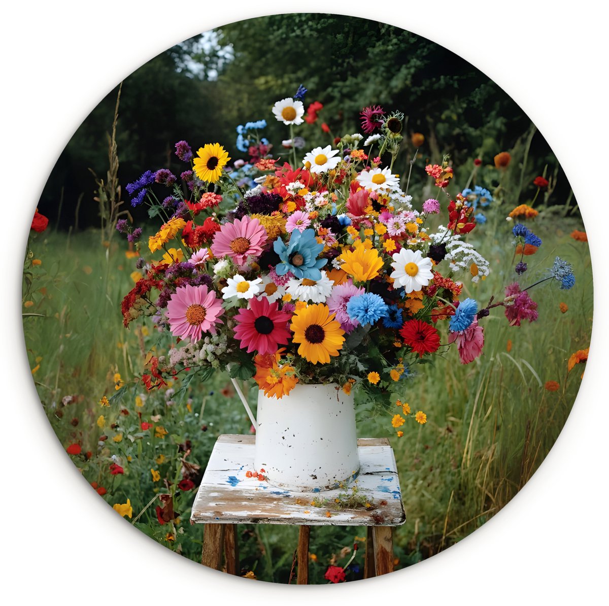 WallCircle® Wandcirkel 30x30 cm - Muurcirkel Bloemen - Krukje - Gieter - Veld - Muurdecora