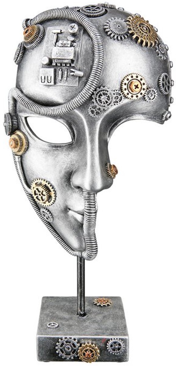 Steampunk Face - Masker - Decoratie beeld object Sculptuur - gezicht - Polyresin - Zilverkleurig / Metaalkleurig - H=35,5 cm