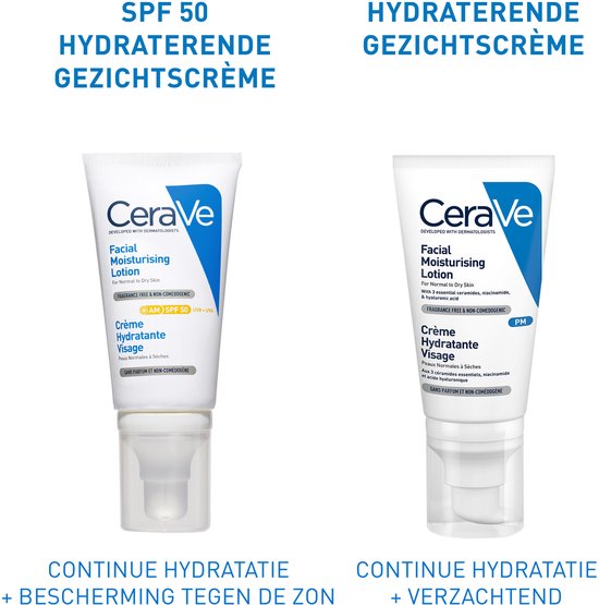 CeraVe Hydraterende Gezichtscrème SPF50 - voor Normale tot Droge Huid - met 3 Essentiële Ceramiden -52ml
