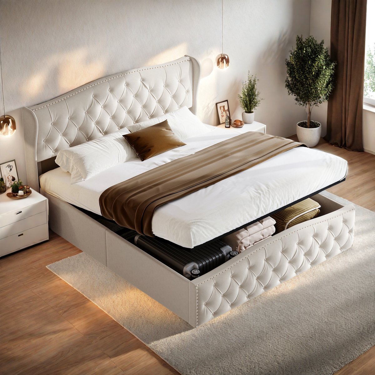 Elegant boxspringbed 140x200cm met lattenbodem, hydraulische opbergruimte. Gestoffeerd in wit fluweel, ideaal voor slaapkamer of jeugdkamer