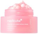 Medicube PDRN Pink Collagen Capsule Cream pot, gevuld met crème met roze capsules, geplaatst op een witte achtergrond.