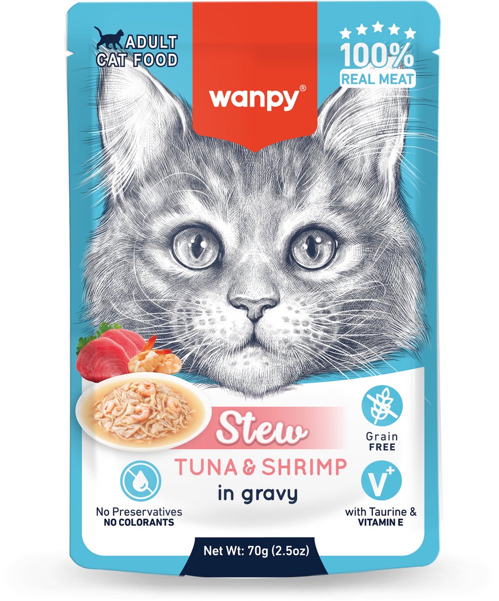 Wanpy – Gestoofde Tonijn & Garnaal in jus – Tonijn+Garnaal – Kattenvoer – Natvoer – 10 stuks van 70gram