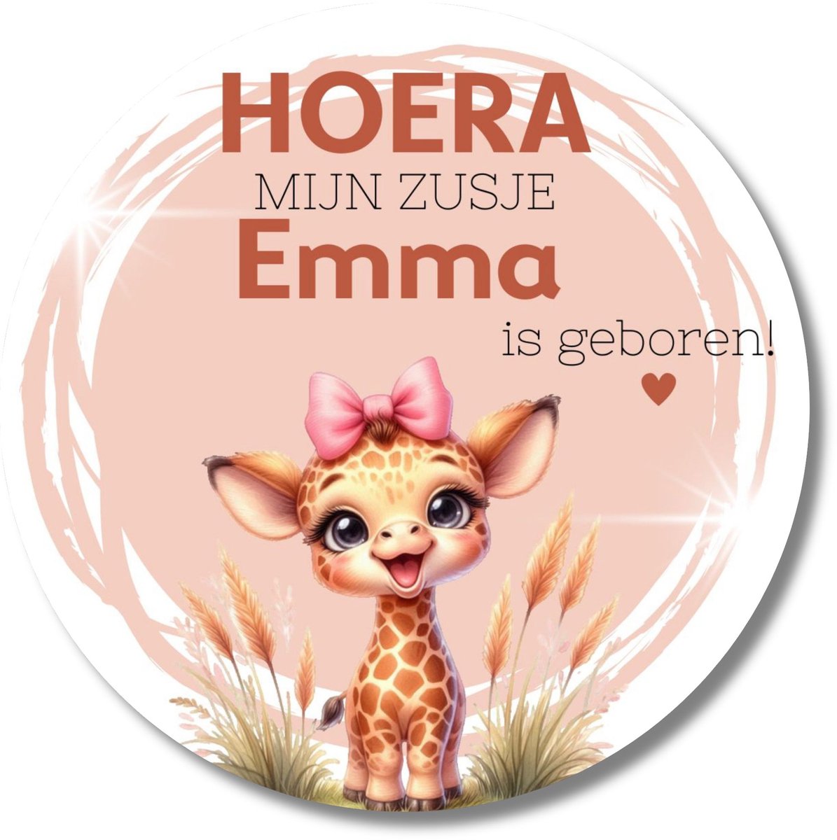 Stickers zusje geboren – 20 stuks – met naam – roze giraffe – geboortetraktatie – 40 mm