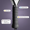 Detail van een padelracket grip met TigrePadel logo. De grip is zwart met gaatjes en de tekst 'Anti-slip', 'Gaat 3x langer mee dan andere grips', 'Zweet afvoer', 'Voorkomt blessures'.