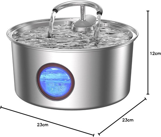 Tyonto Roestvrijstalen kattenfontein, drinkfontein met ledlicht, 2,5 l