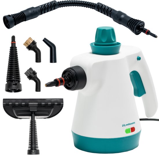 Wellewares - Stoomreiniger - 7 in 1 Stoomapparaat - Handstomer - Handstoomreiniger - Reinigingsmachine - Vlekkenreiniger Badkamer - Wit/Groen