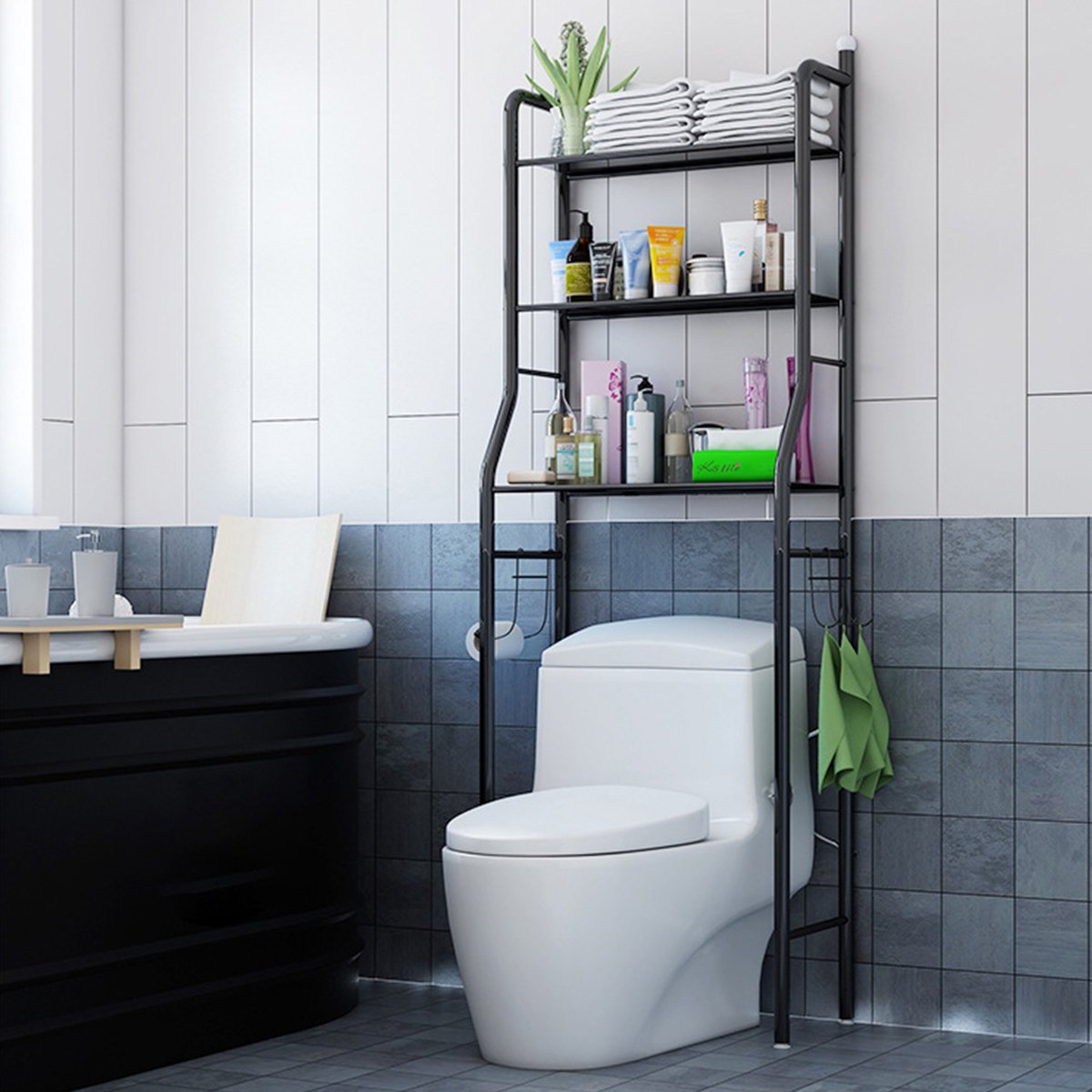 CHIWIN Toiletrek met 3 Lagen & 3 Haken – Vrijstaand Badkamerrek – Staal – Zonder Boren – 153x48x26cm – Ruimtebesparend WC Opbergrek – Waterdicht & Stabiel