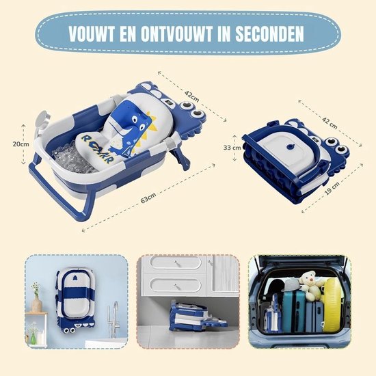Thuys – Baby Badje Met Standaard – Inklapbaar Bad – Opvouwbaar – Draagbaar – Met Antislipvoetjes – 63 x 42 x 20cm – Blauw — afbeelding 4