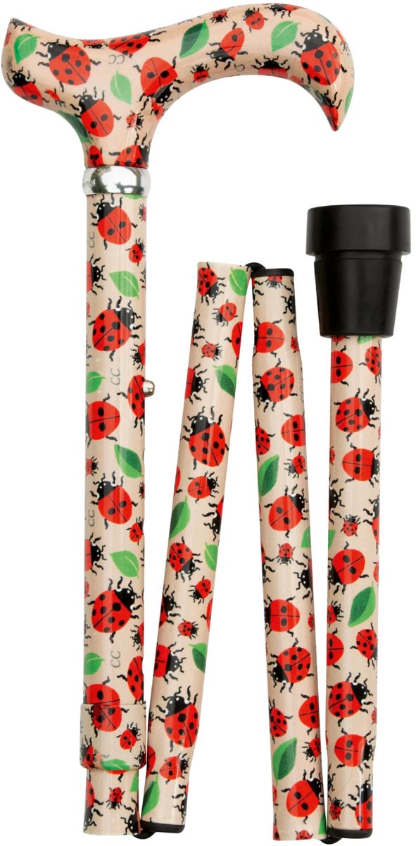 Classic Canes Wandelstok inklapbaar - Lieveheersbeestjes - Beige en rood - Verstelbaar - Lengte 82 tot 92 cm - Aluminium - Derby handvat - Gewicht 315 gram - Diameter wandelstok 19 mm - Voor heren en dames - Wandelstok opvouwbaar - Inklapbaar