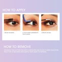 Instructies voor het aanbrengen en verwijderen van wimperextensions, met afbeeldingen van de stappen.