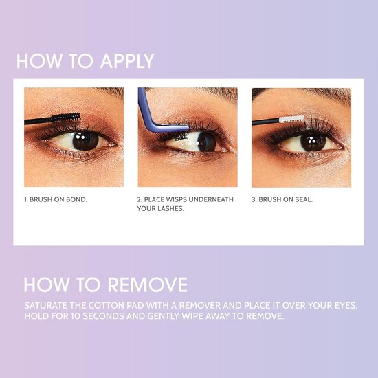 Instructies voor het aanbrengen en verwijderen van wimperextensions, met afbeeldingen van de stappen.