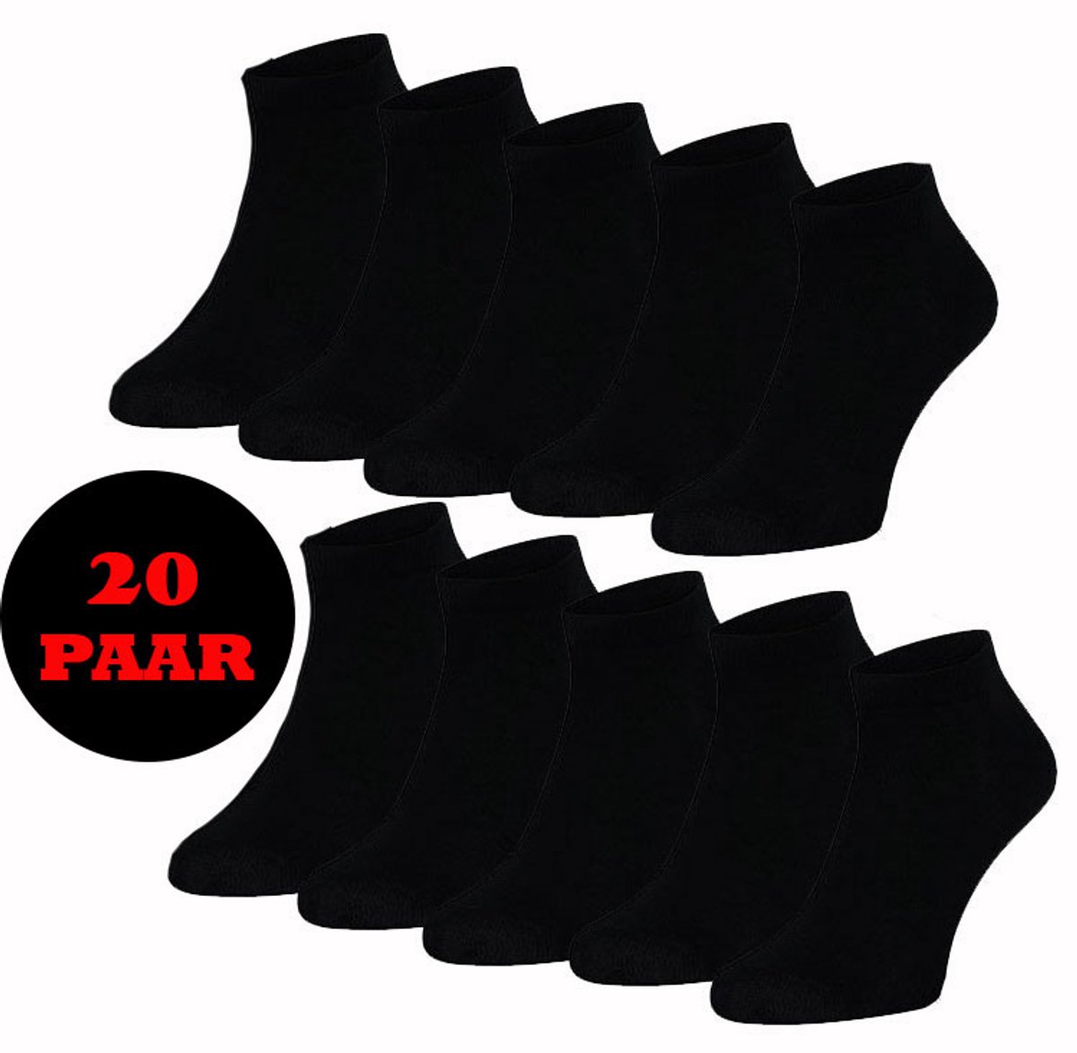 20 paar samtex katoen sneaker sokken (zwart) 39-42