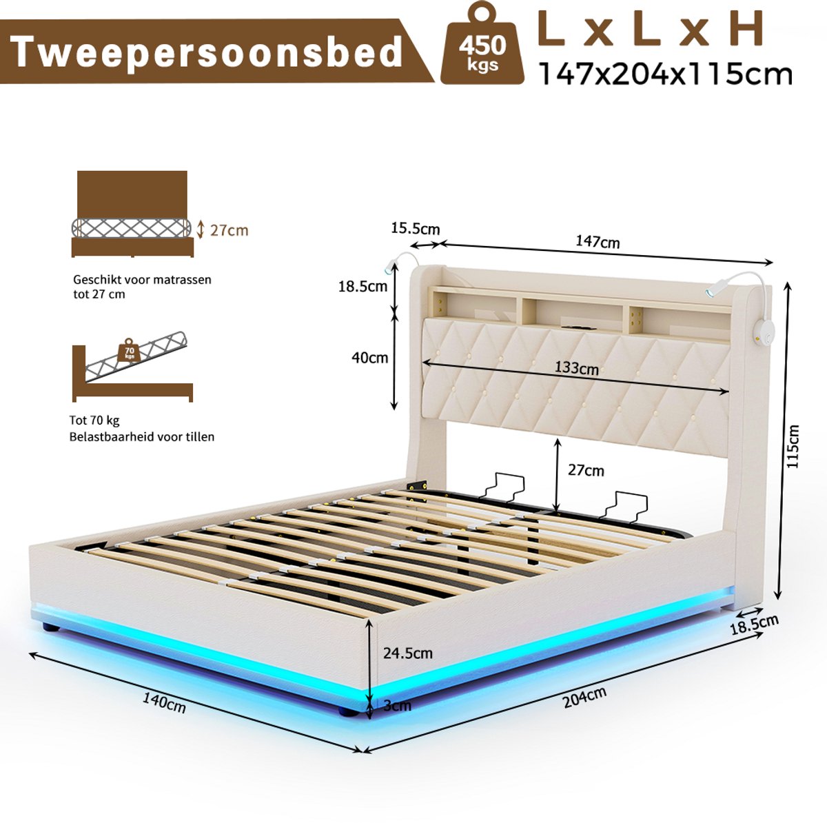 Gestoffeerd Gestoffeerd Bed 140x190 Opbergbed - afbeelding 4