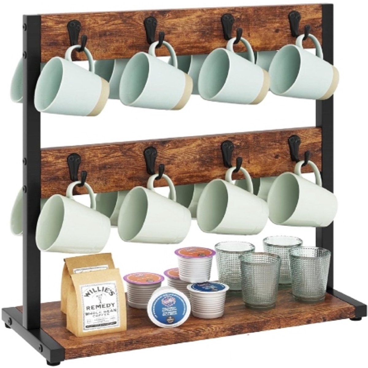 Retadou - Vintage bekerhouder met 16 haken, koffiebekerhouder voor aanrecht, bekerframe met opbergbodem, voor keuken, eetkamer, café, 43 x 15 x 40 cm, vintage bruin