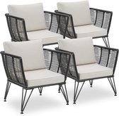 tectake® Loungestoelen Sundo - 4 Fauteuils voor Tuinset, Balkonset of Terras - Wicker Tuinstoelen Set in Rope-Design - Weerbestendig - Inclusief Kussens - Loungestoel Buiten - Loungeset Tuinmeubels