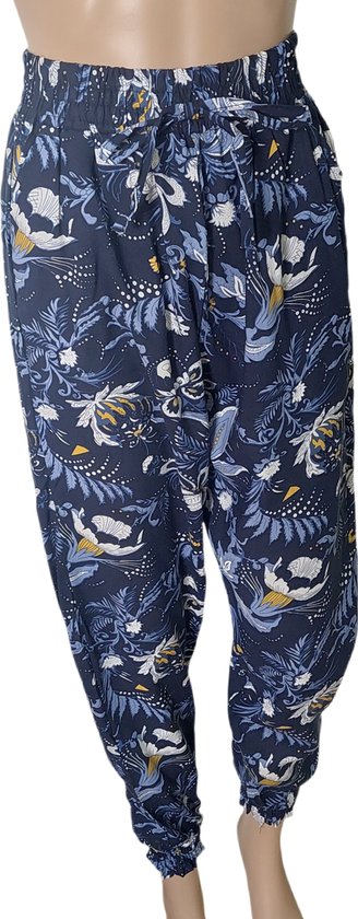 Broek - Zomerbroek - Yoga broek - Strandbroek - Palazzo - Elastische Band - Dames - Comfort - Kleur Marineblauw/Blauw/Geel/Wit - Maat 44-46